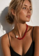 колье из коралла с барочной жемчужиной на модели
